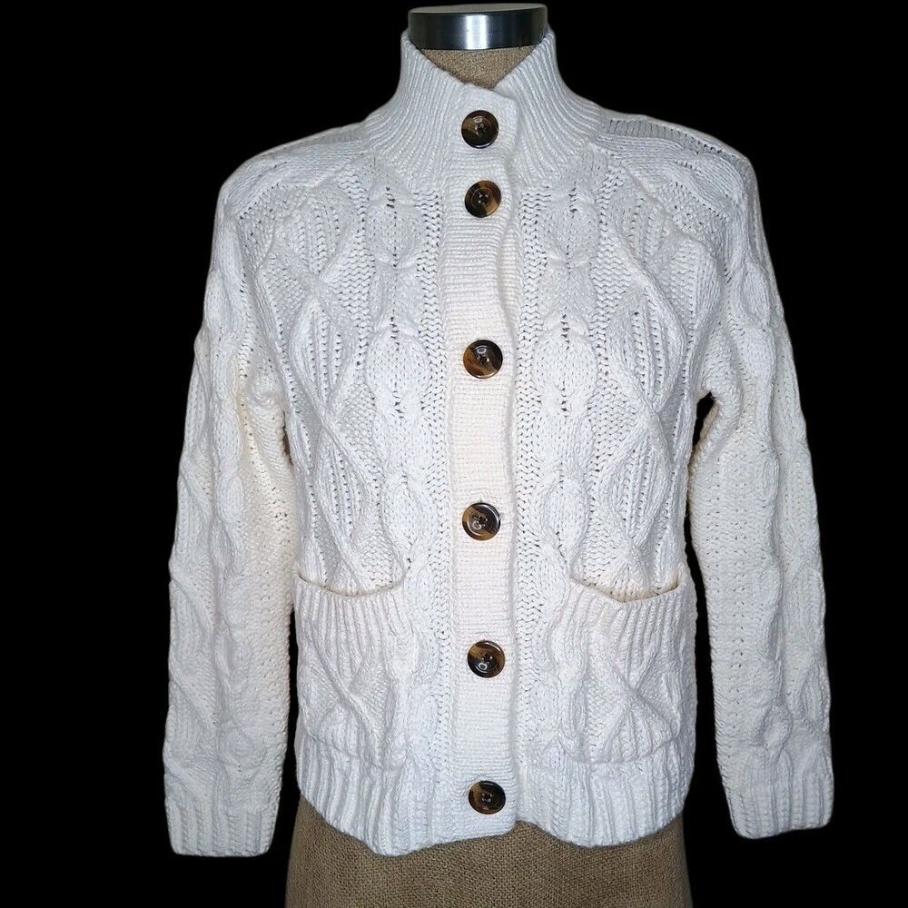 Talbots Sweater Women's Petite PS Chunky Cable Knit Cotton Knit Button Ivory NWT